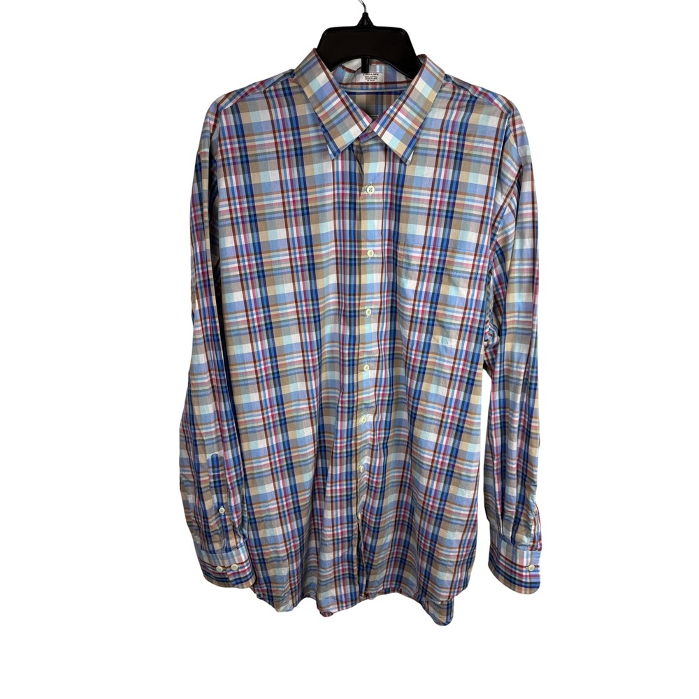Peter Millar Mens XL Plaid Button Down Shirt Blue Red Cotton Long Sleeve R